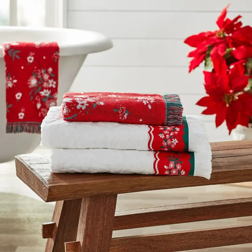 Pioneer Woman Christmas Holiday Bath & Hand Towel 4pc Set Ditsy Dot Floral Red